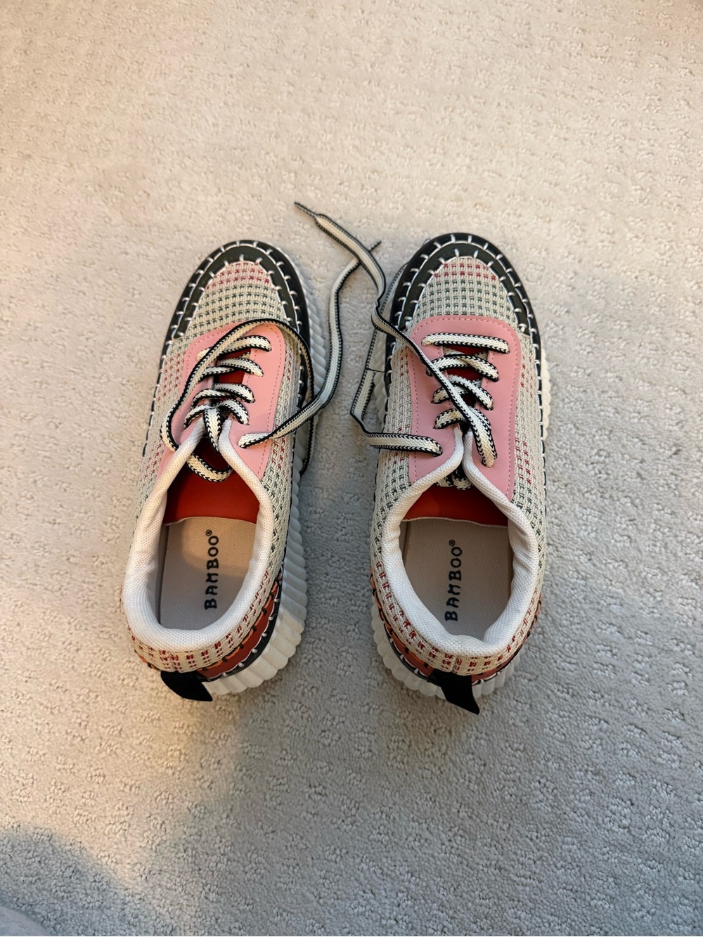 BAMBOO Pink and White Knit Lace-Up Women's Sneakers